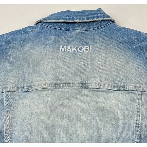 Makobi Mens Small Full Zip Denim Jean Jacket Blue Pink White Distressed M1010 - Picture 10 of 11